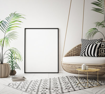mock up poster frame in tropical interior background, modern Caribbean style, 3D illustration