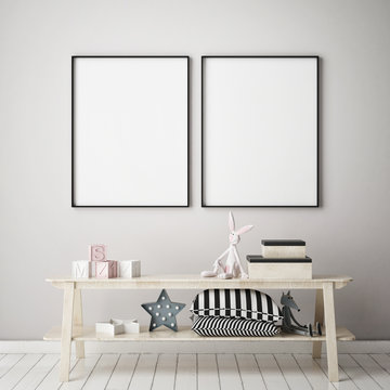 mock up poster frames in children bedroom, Scandinavian style interior background, 3D render, 3D illustration