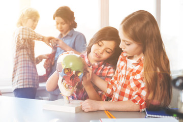 Beautiful girls discussing building of human skull