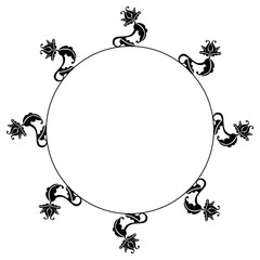Black and white silhouette round frame with decorative flowers. Vector clip art.