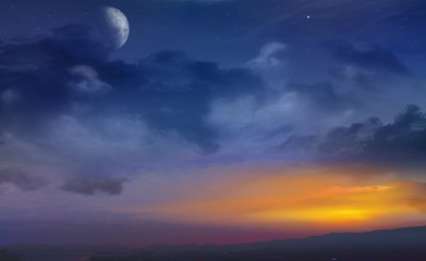 Fototapeta na wymiar Full moon . Mountain sunrise . Mountain sunrise . Dramatic nature background . Moon and Sun