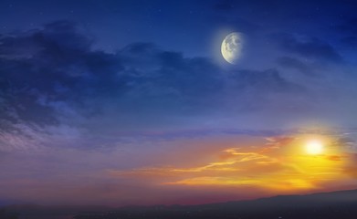 Fototapeta premium Mountain sunrise . Full moon . Mountain sunrise . Dramatic nature background . Religion background . Moon and Sun