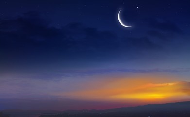 Muslim half moon and beautiful sunset . Sunset over the city . Moon and Sun . Light in dark sky ....
