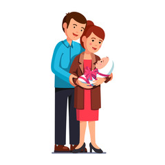 Parents mom, dad standing embracing newborn baby