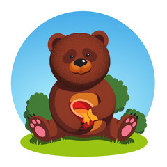 Brown bear sitting holding honey pot and eating