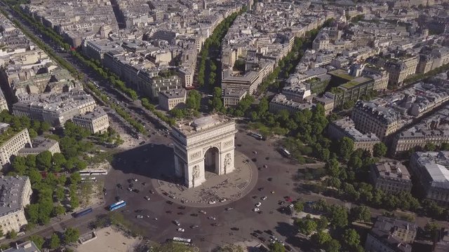 summer day paris cityscape famous arch de triumph traffic circle aerial panorama 4k time lapse france
