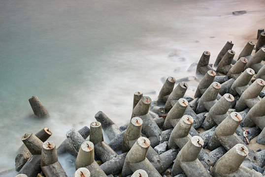 High angle view of concrete sea defence, Dazuo, Fujian, China