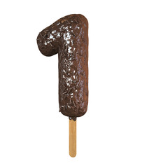 Chocolate Ice Cream Font on a stick. Number 1. 3d Rendering isolated.