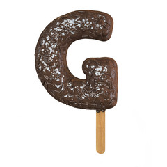 Chocolate Ice Cream Font on a stick. Letter G. 3d Rendering isolated.