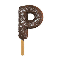 Chocolate Ice Cream Font on a stick. Letter P. 3d Rendering isolated.