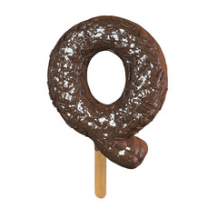 Chocolate Ice Cream Font on a stick. Letter Q. 3d Rendering isolated.