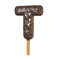 Chocolate Ice Cream Font on a stick. Letter T. 3d Rendering isolated.