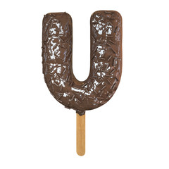 Chocolate Ice Cream Font on a stick. Letter U. 3d Rendering isolated.