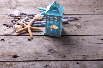Ocean decorations  on vintage  wooden background.