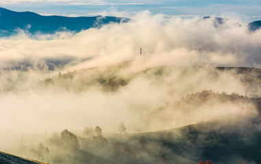 thick fog over the rural hills in morning light