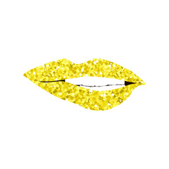 Golden lips girl silhouette isolated on white background. Icon gold lips