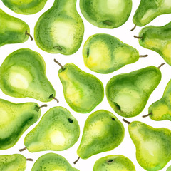 Green pears painted with watercolors on white background.