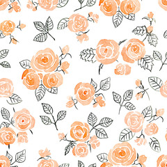 Seamless watercolor and ink pattern with roses and leaves on white background.