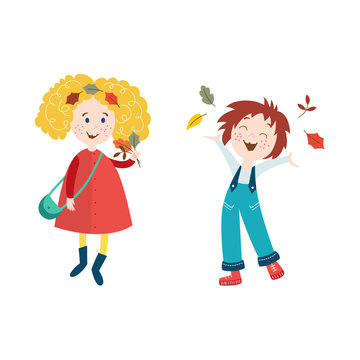 vector girls children wearing autumn clothing set collect autumn falling leaves and throw it up, cartoon isolated illustration on a white background
