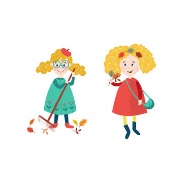 vector girls children wearing autumn clothing collect autumn falling leaves by rake set, cartoon isolated illustration on a white background