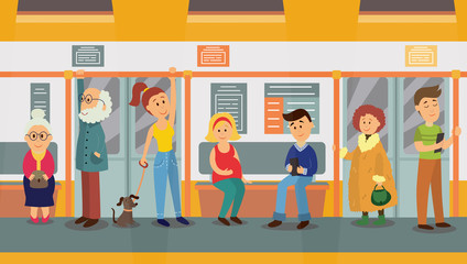 People in subway train car, sitting on seats, standing and holding handrails, cartoon vector illustration. Full length portrait of people, men and women, sitting and standing in subway train