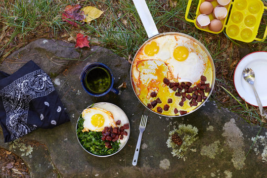 Overhead view of prepared breakfast at camp site, Colgate Lake Wild Forest, Catskill Park, New York State, USA