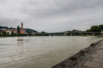 Fototapeta na wymiar The right bank of Inn river in Passau, Germany