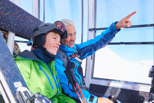 Father and son in cable car, Hintertux, Tirol, Austria