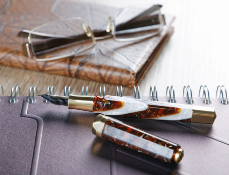 fountain pens and diaries with leather cover