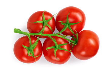three fresh tomatoes with green leaves isolated on white background