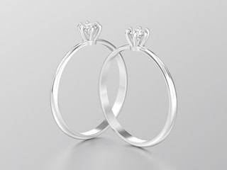 3D illustration two white gold or silver traditional solitaire engagement diamond rings with reflection