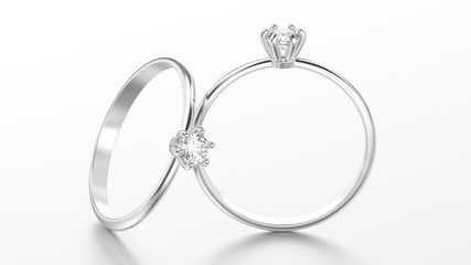 3D illustration two white gold or silver traditional solitaire engagement diamond rings with reflection