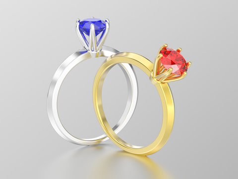 3D Illustration Two Silver Sapphire And Yellow Gold Ruby Traditional Solitaire Engagement Diamond Rings With Reflection