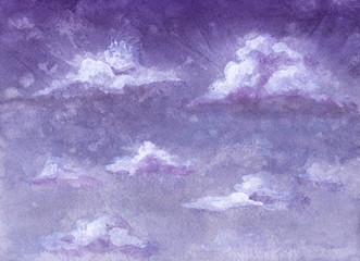 Watercolor Twilight Illustration. Sky and White Clouds