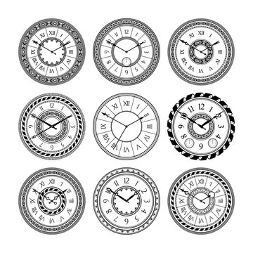Antique clocks isolate on white. Vintage watch on wall. Vector pictures set