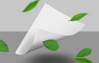 Blank White Letterhead A4 Presentation Template. Falling Letterhead Page Mock-Up Creative Nature Concept with green leafs. 3D illustration / 3D Render.