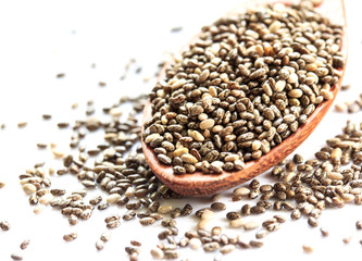 Chia seeds in wood spoon on a white background