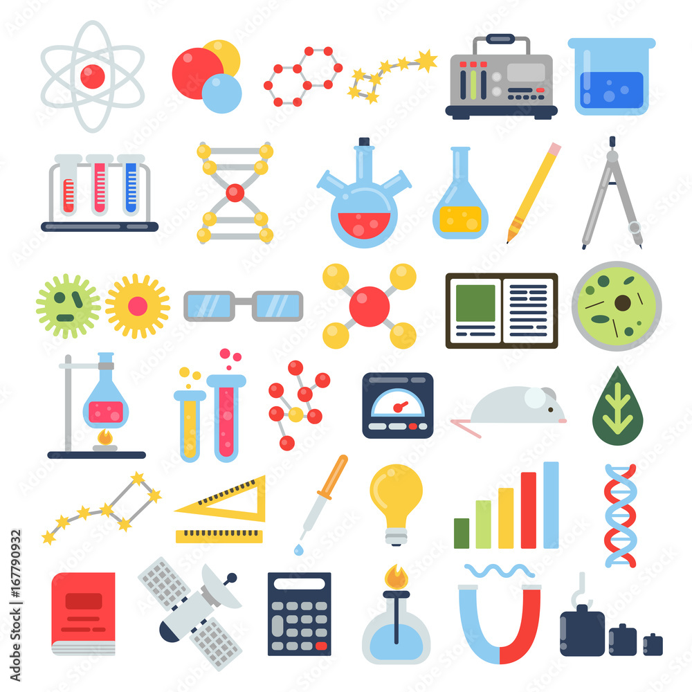 Sticker Scientific equipment for chemical testing. Science vector icon set