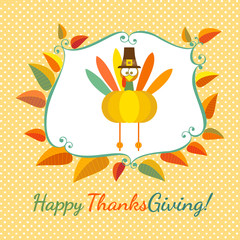Happy Thanksgiving day celebration. Greeting card in cute cartoon style. Retro colors. Colorful turkey, pumpkin in red yellow leaves frame. Design of promotion poster background. Vector illustration