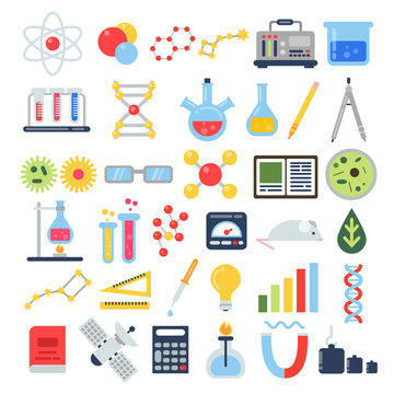 Scientific equipment for chemical testing. Science vector icon set