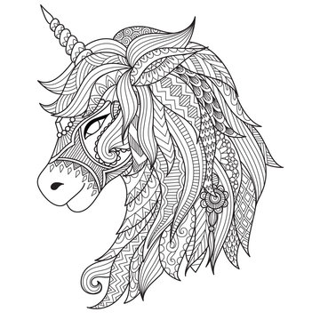 Drawing unicorn zentangle style for coloring book, tattoo, shirt design, logo, sign. stylized illustration of horse unicorn in tangle doodle style.