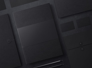 Set of mock up elements on black background. Template for branding identity. Blank objects for...
