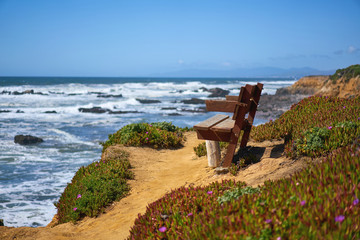 Path and bench on a bluff with view at the Pacific Ocean, Santa Cruz, California, USA