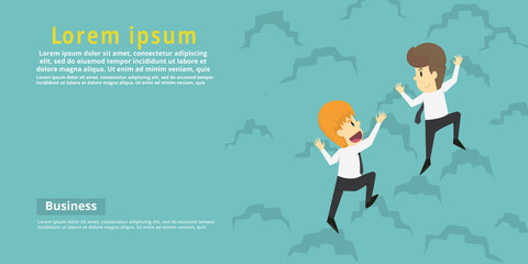 Two businessman climbing on the top of the mountain.Cartoon of business success is the concept of the man characters business,can be used as a background, banner, infographics. vector illustration