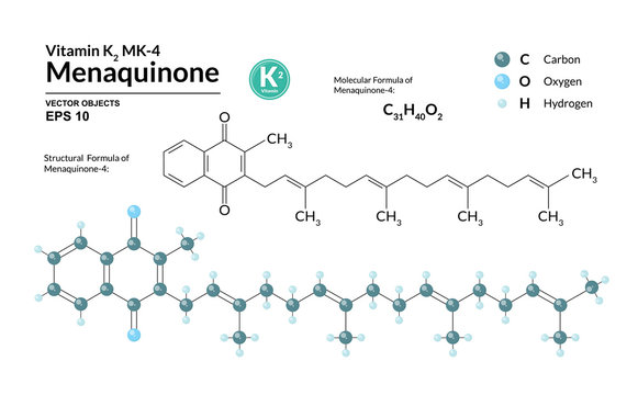 Structural chemical molecular formula and model of Menaquinone-4. Atoms are represented as spheres with color coding isolated on background. 2d, 3d visualization. Skeletal formula. Vector illustration