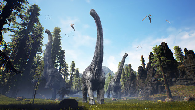 3D rendering of an Alamosaurus pack moving through a valley.