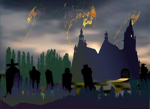 Scary halloween landscape with cemetery, tombstones, old church and silhouettes of trees. Dark night landscape with dramatic sky, clouds, chapel and graves
