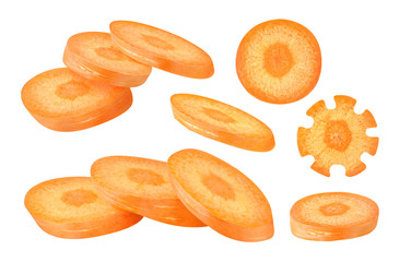 Isolated slices of carrot. Collection of various carrot pieces isolated on white background with clipping path