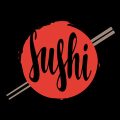 Vector banner with calligraphic inscription sushi and chopsticks