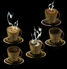 Five cups with different kinds of coffee